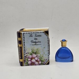 Floral Book Trinket Box with Blue Empty Perfume Bottle Limoges France